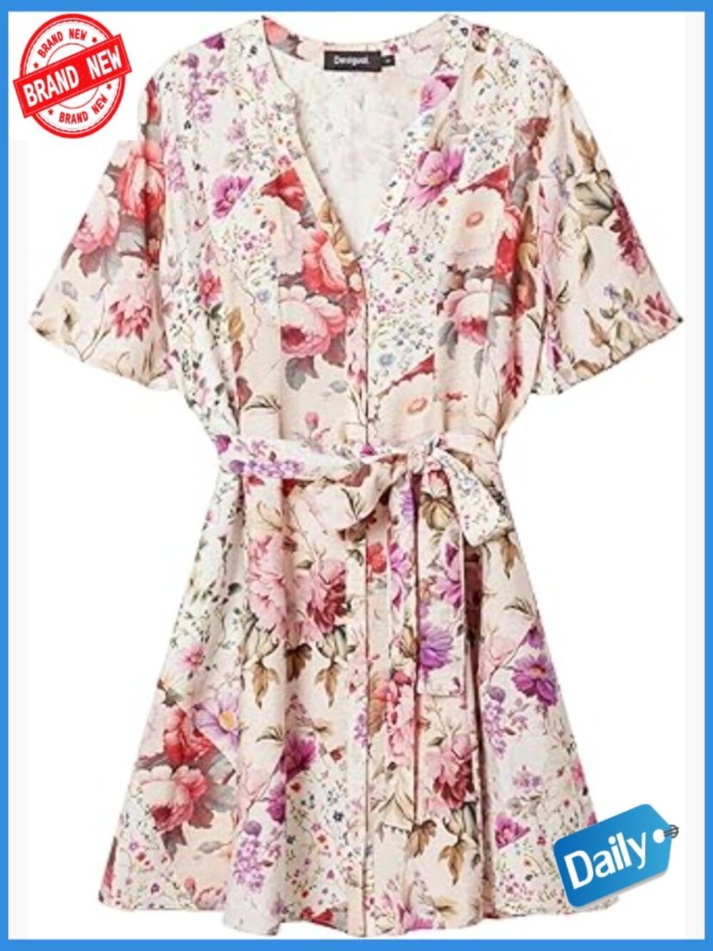 Short Sleeve A-Line Dress with Belt, Button Closure, Above Knee